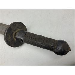 Chinese Boxer Rebellion Period Sword, 69.5cm heavy curved single edge blade with single narrow fuller, plain iron dished circular guard, iron pommel and ferrule with plaited cord bound grip; in skin covered wooden scabbard with iron chape and long suspension mount L95cm overall