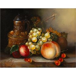 T Stanley (British late 19th/early 20th century): Still Lifes of Peaches Grapes and Foliage, pair of oils on board signed 19cm x 24cm (2)