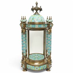 20th century Chinese cloisonne style portico display stand with urn mounted domed top and glass side panels H65cm