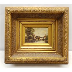Heavy gilt frame, containing textured print on canvas, aperture 5