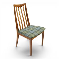 G-Plan - 'Fresco' set of teak eight dining chairs, reupholstered in green tartan and green harris tweed fabric 