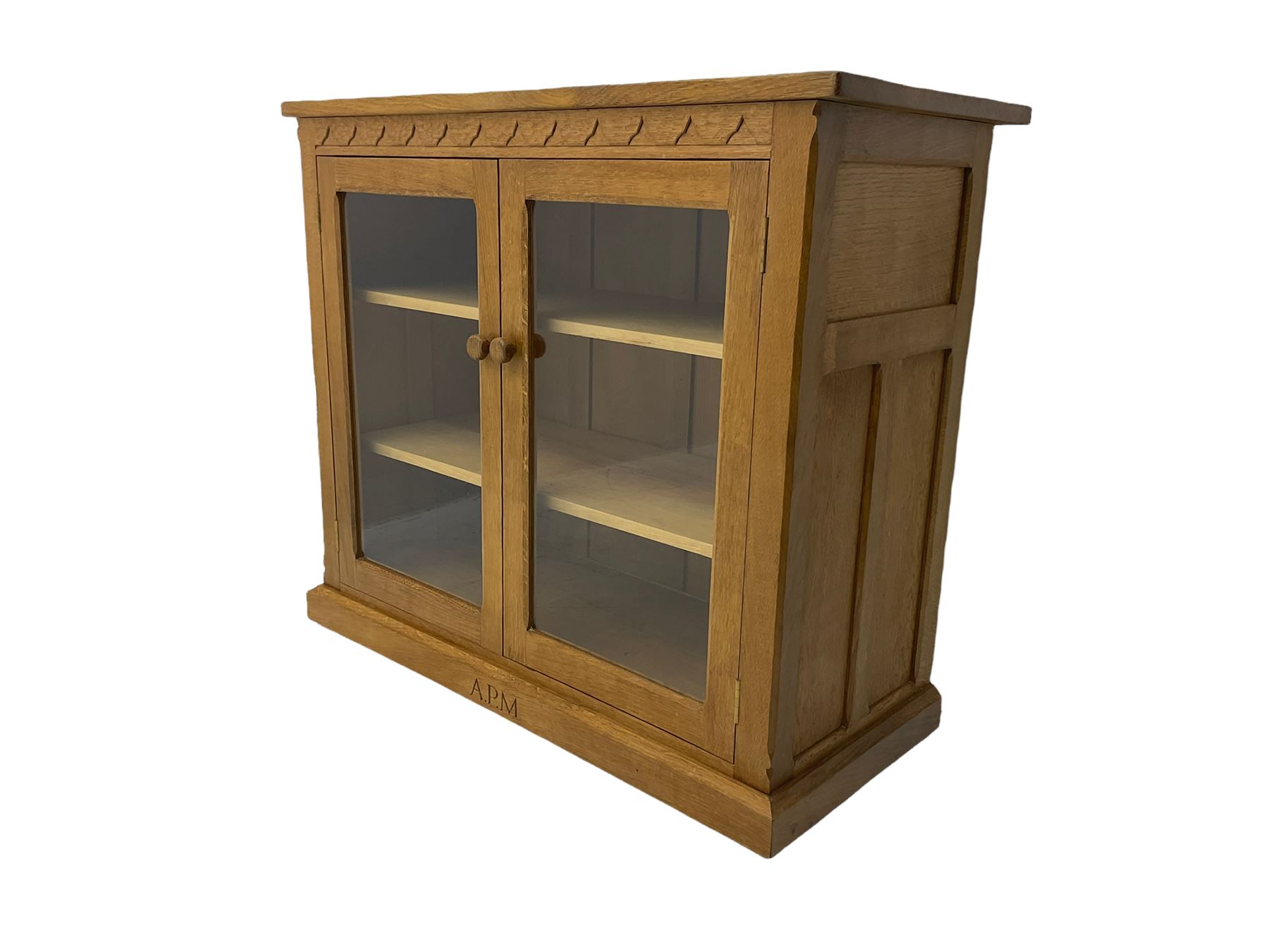 Catman - Yorkshire oak side cabinet, fitted with two glass doors, carved inset Cat signature, by Chris Checksfield of Whitby (Ex Gnomeman)