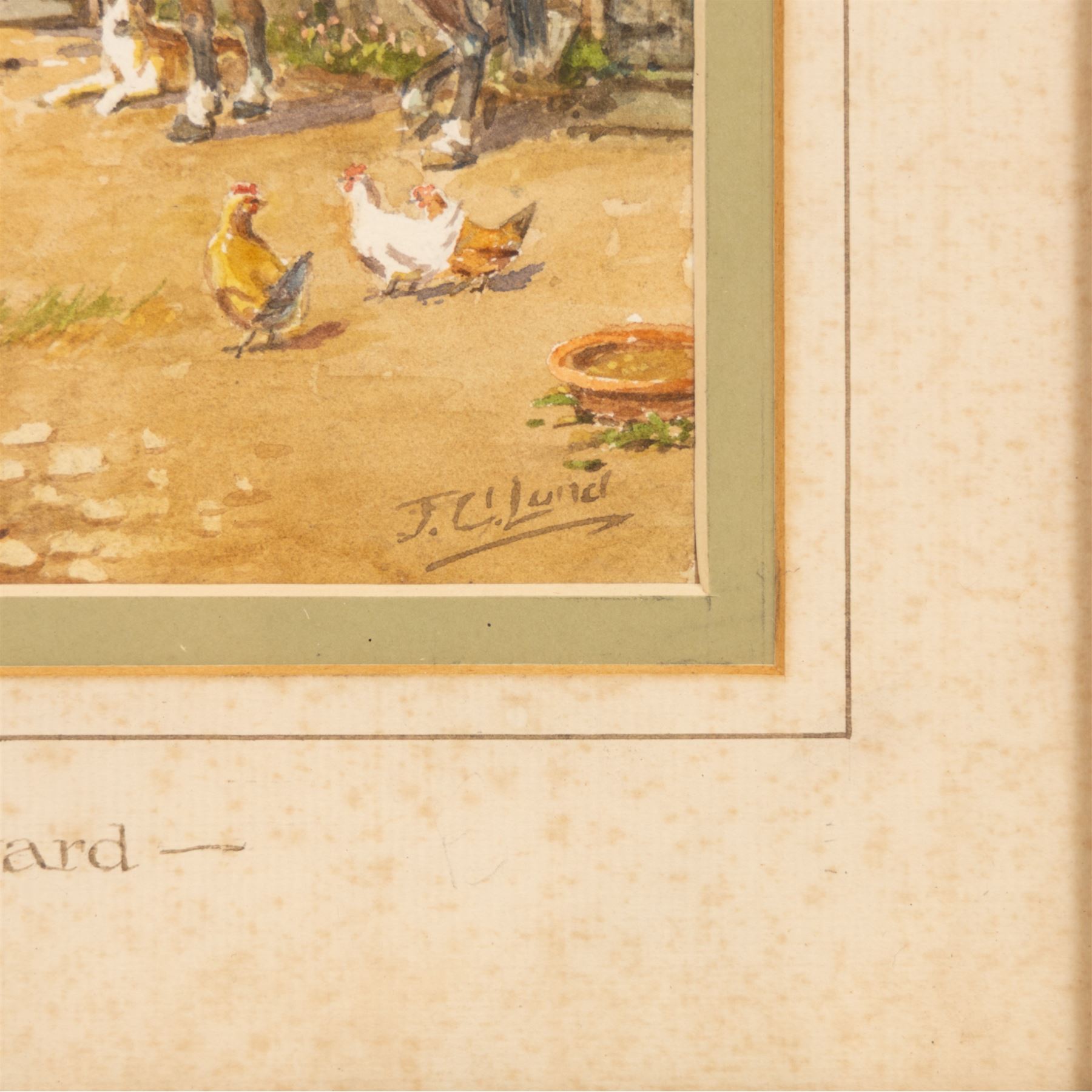 John Cecil Lund (British 1932-): 'The Farmyard', watercolour signed, titled on the mount 23cm x 18cm 