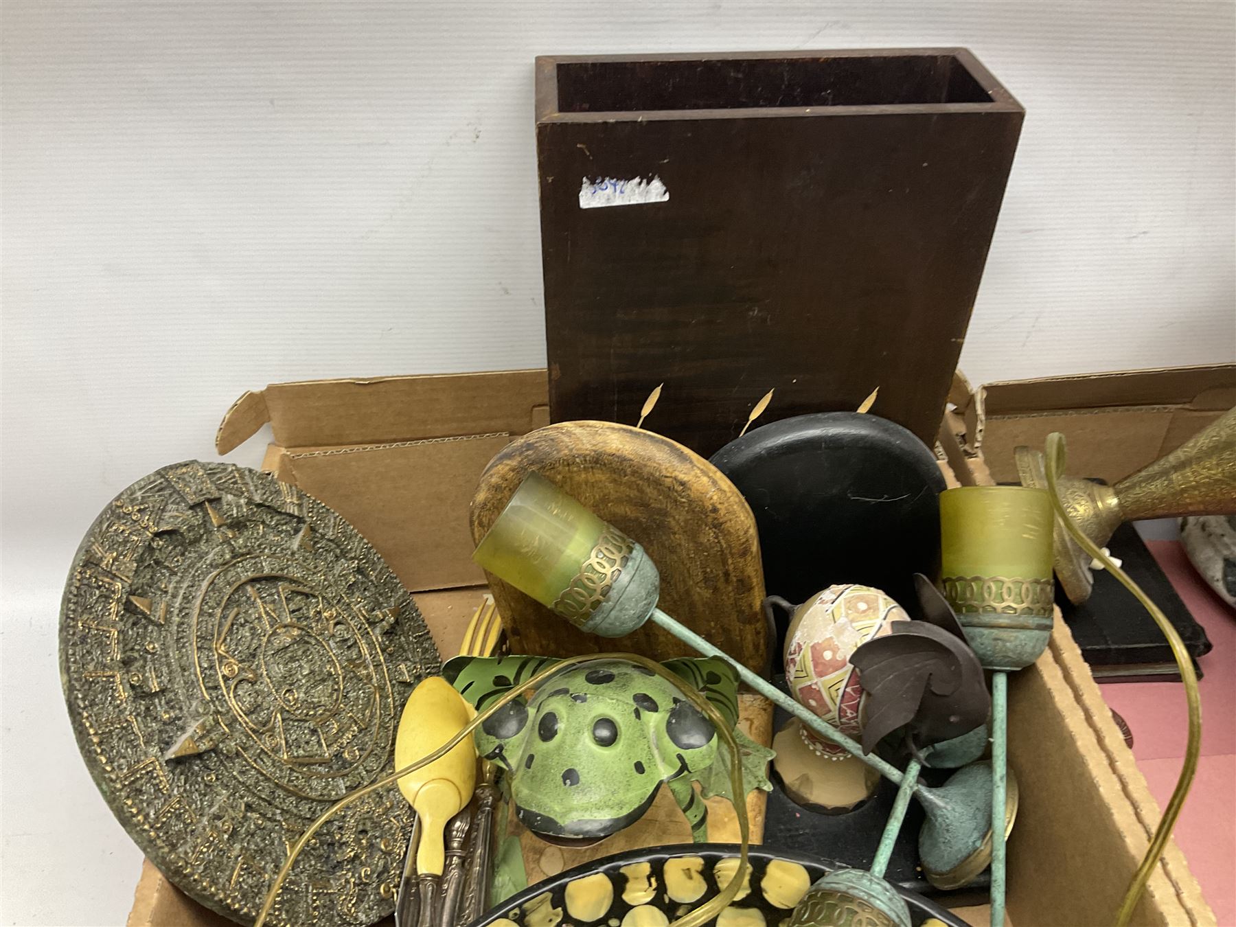 20th century Postilion brass and agate carriage clock with bevelled glass panel, H13cm, Peugeot Freres coffee grinder, silver-plate, figures, quantity of vinyl records, four The Works of William Shakespeare pub Odhams Press, brass lamp etc in three boxes