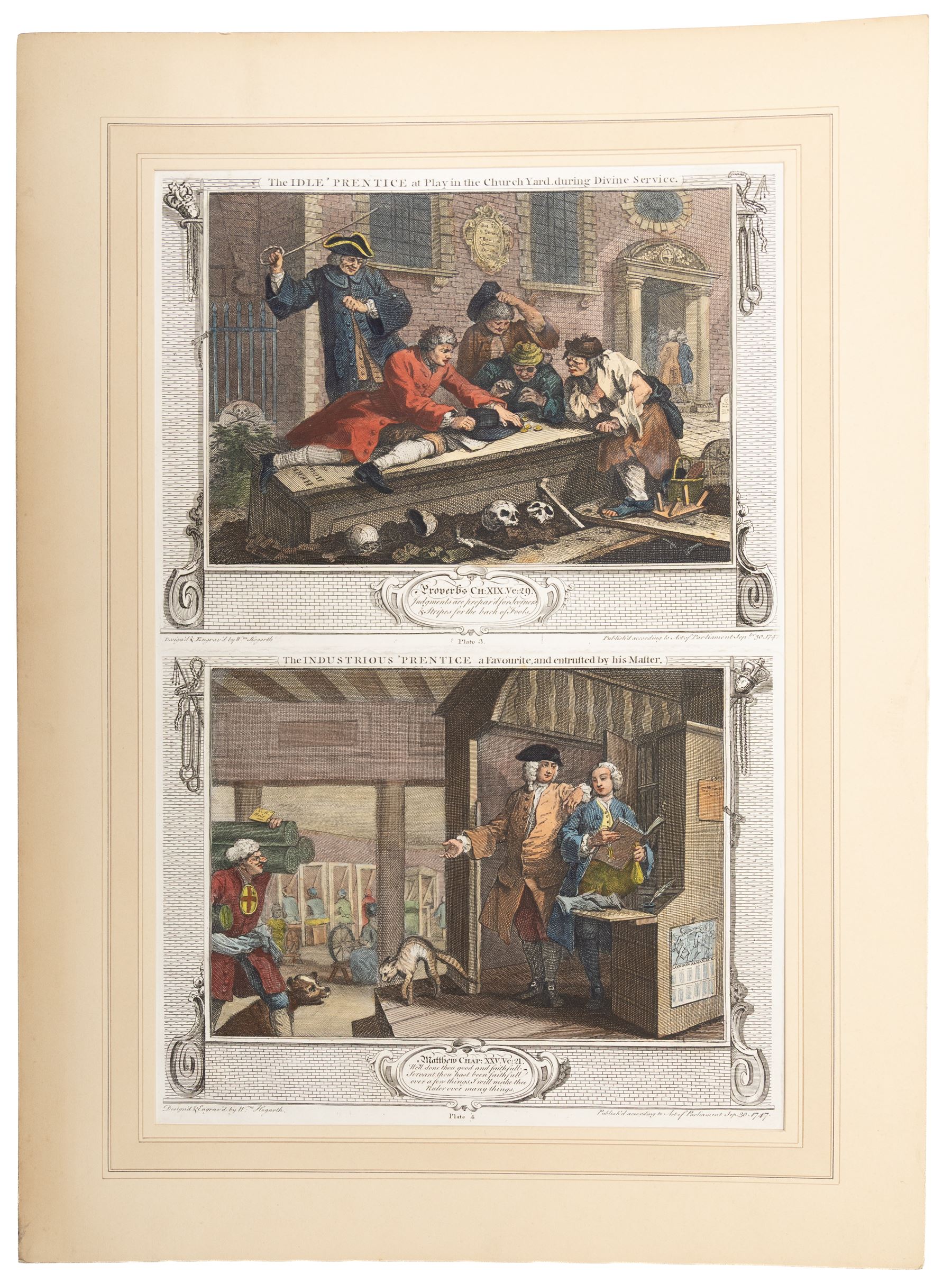 After William Hogarth (British 1697-1764): 'Industry and Idleness' series, complete set of twelve hand-coloured etchings individually titled and dated on the plate 1747, max 53cm x 35cm (7) (unframed)