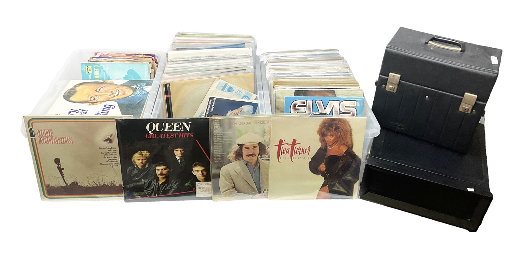 Large quantity of vinyl LPs, predominantly rock and pop, to include Elvis, Elton John, The Kinks, Deep Purple, Eurythmics, Whitney Houston, Phil Collins, Rolling Stones etc, in three boxes, together with quantity of 45 rpm records, Steepletone SRP1R-11 record player and record carry case