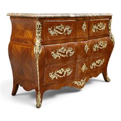 Colombo Mobili - Italian Louis XV design kingwood and marquetry bombé commode chest, the shaped marble top with moulded edge, fitted with an assortment of three shaped short drawers over two long, each with parquetry veneered facias and rocaille shaped gilt metal handles and escutcheons, flanked by gilt metal cartouche mounts with scroll and foliate detail, shaped apron on splayed bracket feet