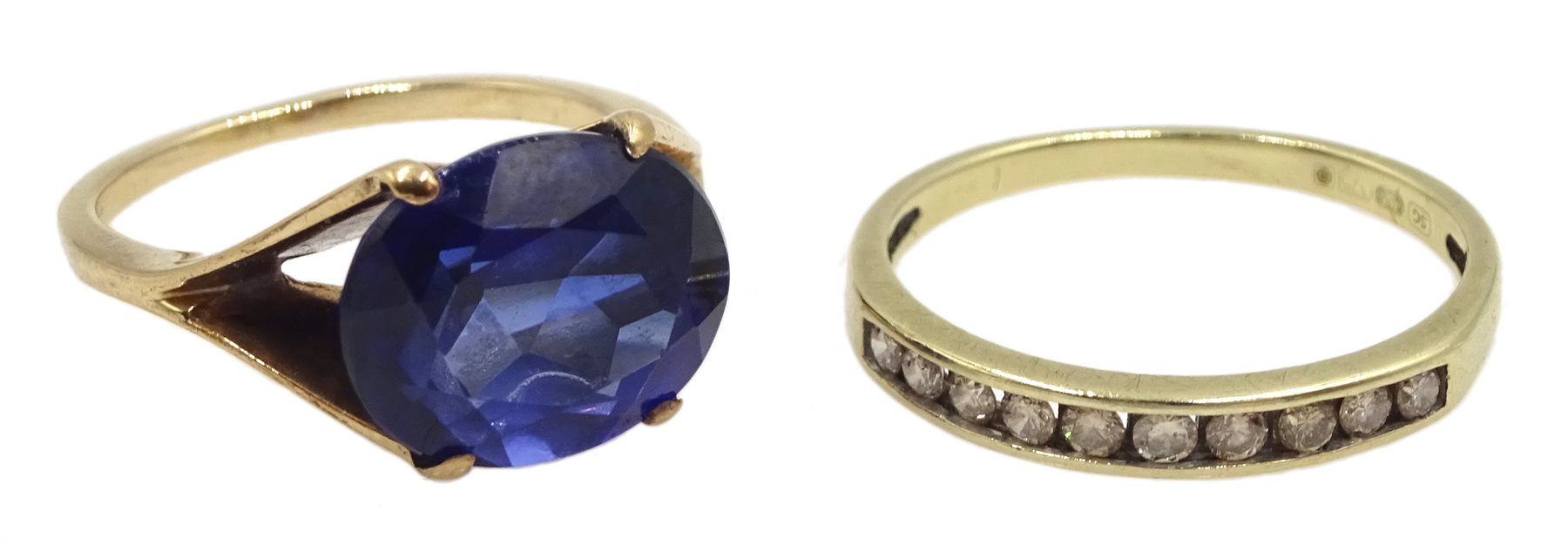 Gold diamond half eternity ring and a gold oval synthetic sapphire ring, both 9ct tested or hallmarked