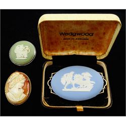 Gold cameo brooch stamped 9ct, gold mounted Wedgwood brooch hallmarked 9ct and a Wedgwood silver brooch stamped