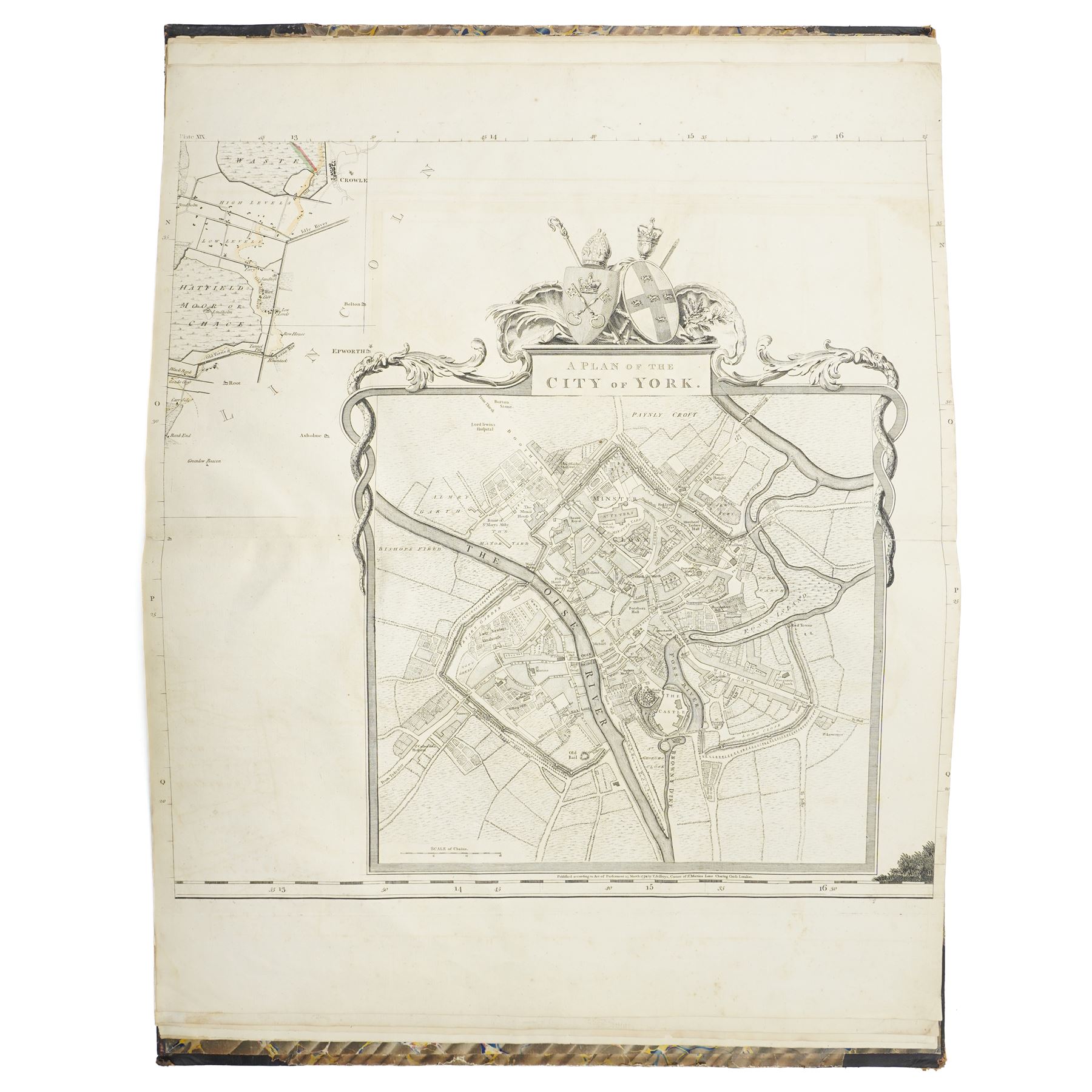 Thomas Jeffreys (British Geographer to King George c.1710-1771): 'Maps of the County of York 1771', complete folio atlas containing twenty double-page engraved maps of Yorkshire with decorative cartouches and vignettes, bound in marbled boards with leather spine 61cm x 41cm