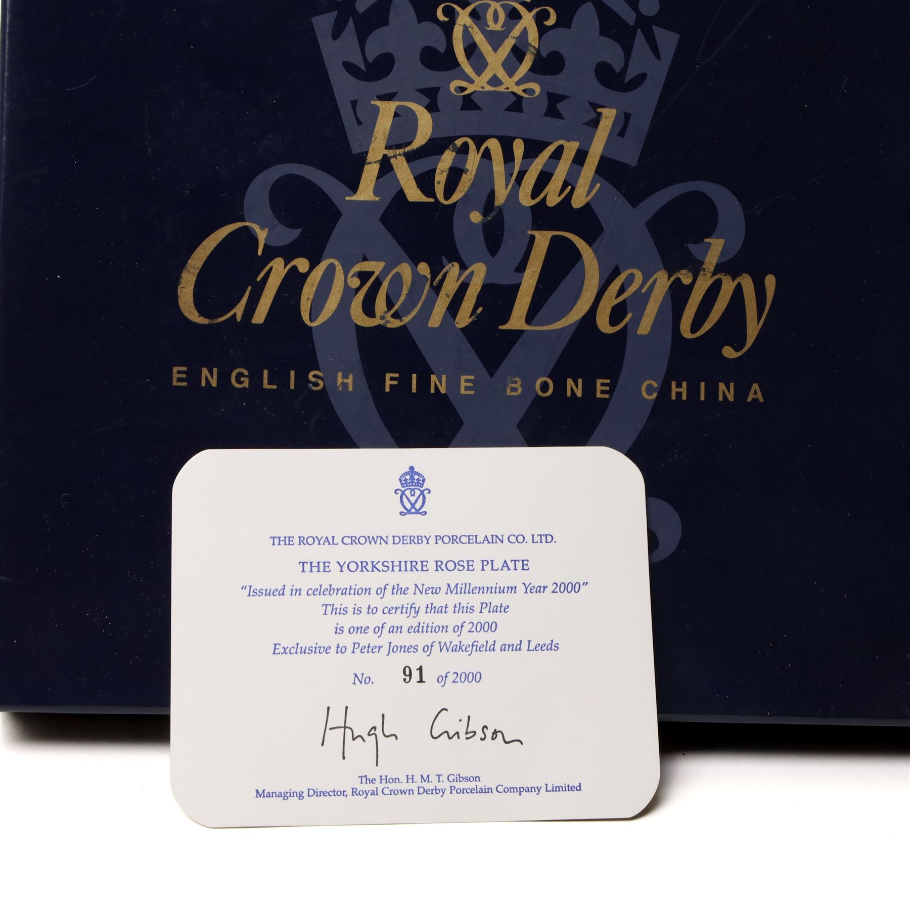 Royal Crown Derby pattern 2451 items, comprising smaller and larger coffee cans with saucers, crescent pin tray and plate (D23cm), together with a boxed Yorkshire Rose pattern plate, and a 1999 'Rabbit' year tray