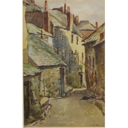  Figure and Geese, Seaside Village and two Village Street Scenes, four watercolours by George Taylor, two unsigned max 33cm x 24cm (4)  