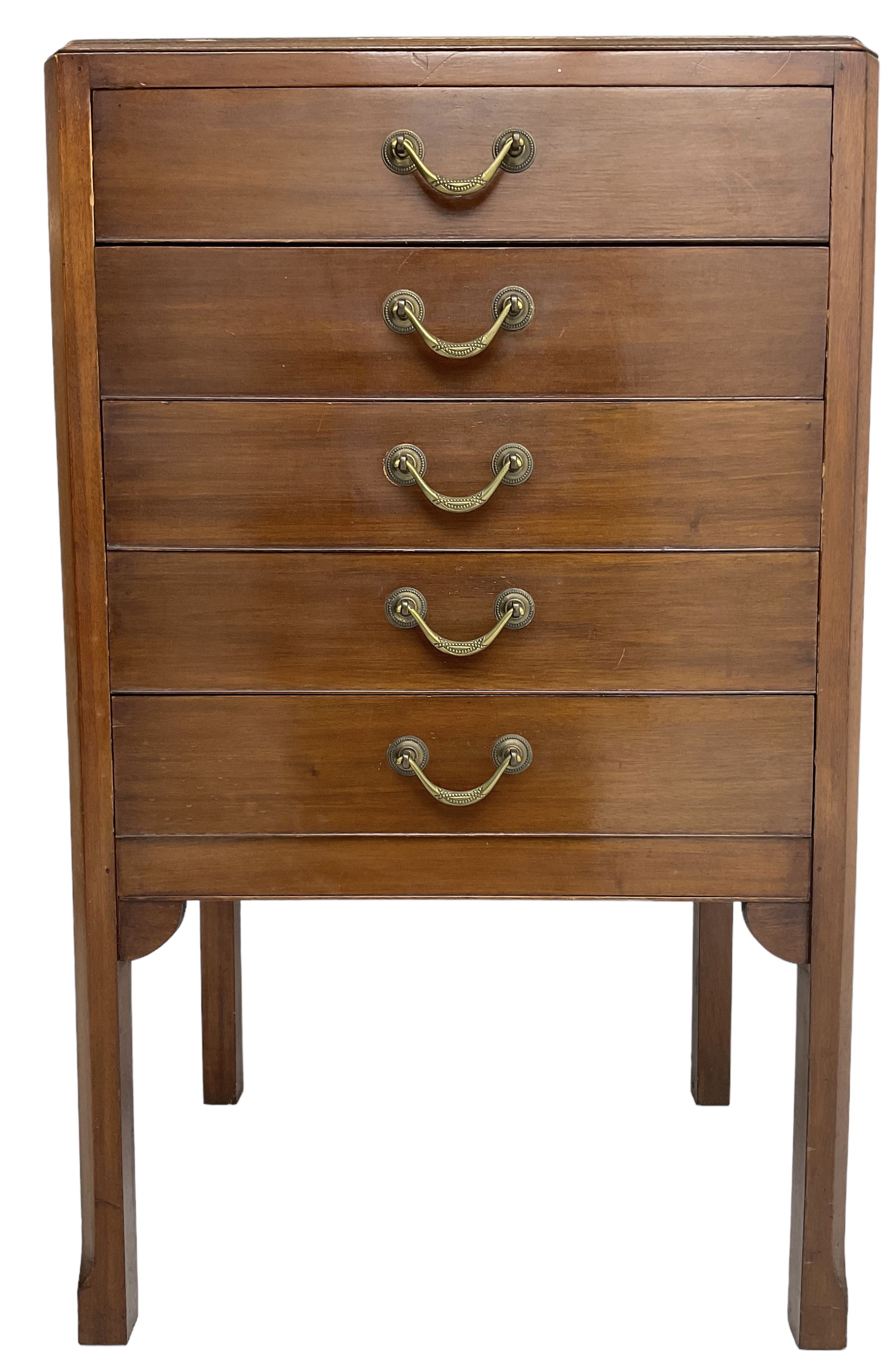 Edwardian mahogany five-drawer music cabinet, moulded top over five drawers with fall fronts, on chamfered square supports 