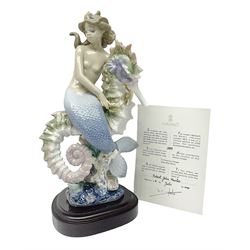 Lladro figure, Beneath the Waves, modelled as a mermaid and seahorse upon a wooden plinth, no 1822, limited edition 1389/2500, with certificate and original box, H32cm 