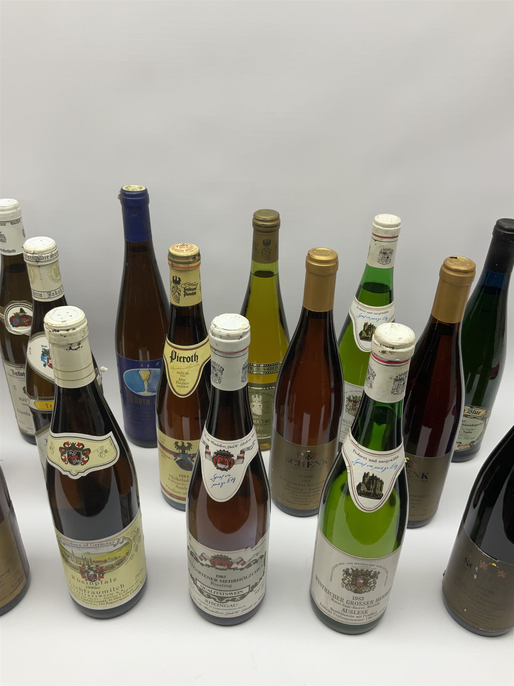 Mixed alcohol including Pieroth Grun-Gold 1983 Klusserather St. Michael Auslese 70cls, Pieroth Blue 1987 Kabinett Nahe 700ml, 7.5%vol etc, various contents and proofs, 18 bottles
