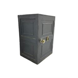 Black painted cast iron safe, hinged door opening to reveal single drawer