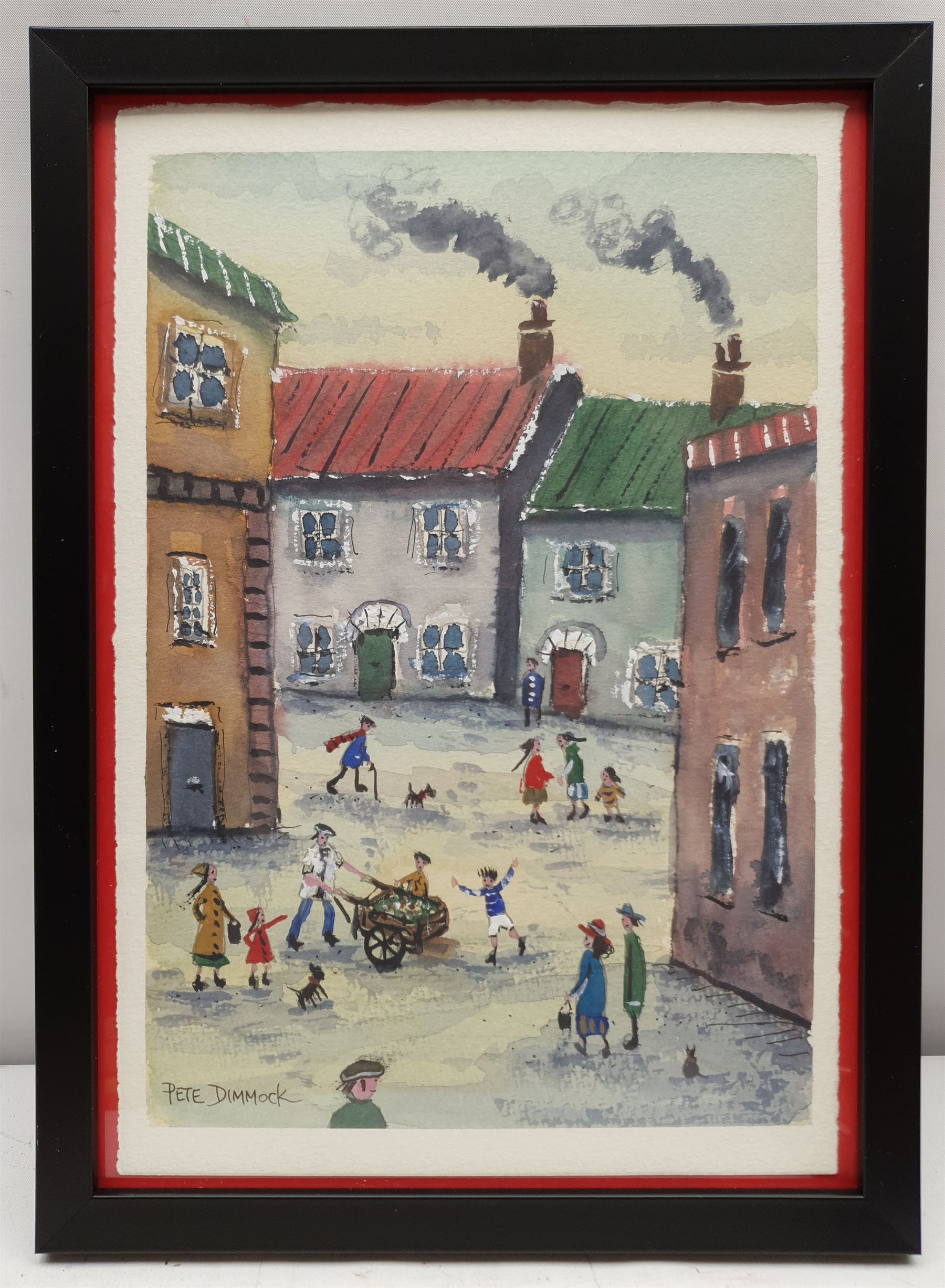 Pete Dimmock (Northern British Contemporary): 'Street Dog Cart Kids Cat', watercolour signed 26cm x 18cm
