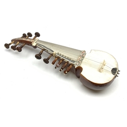 Indian sarangi multi-stringed instrument, the hardwood base with decorative bone inlay and mounts and metal covered fingerboard, L59cm