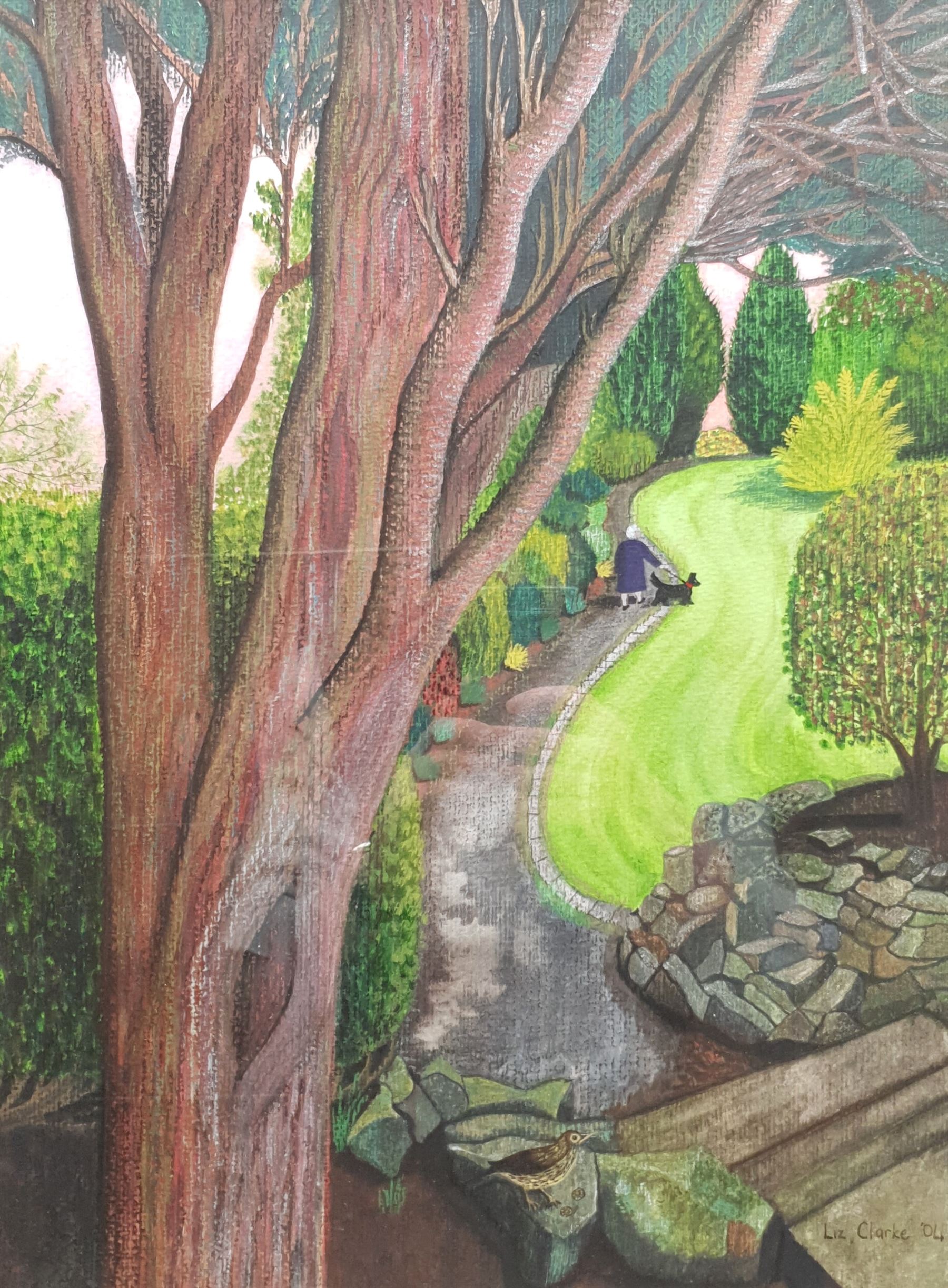 Liz Marsh (neé Clarke) (Northern British Contemporary): 'Eventide', mixed media signed and dated '04, titled verso with artist's address label 46cm x 34cm