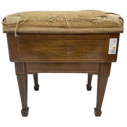 Edwardian inlaid mahogany piano stool, upholstered adjustable seat, inlaid with geometric boxwood stringing, on square tapering supports with spade feet
