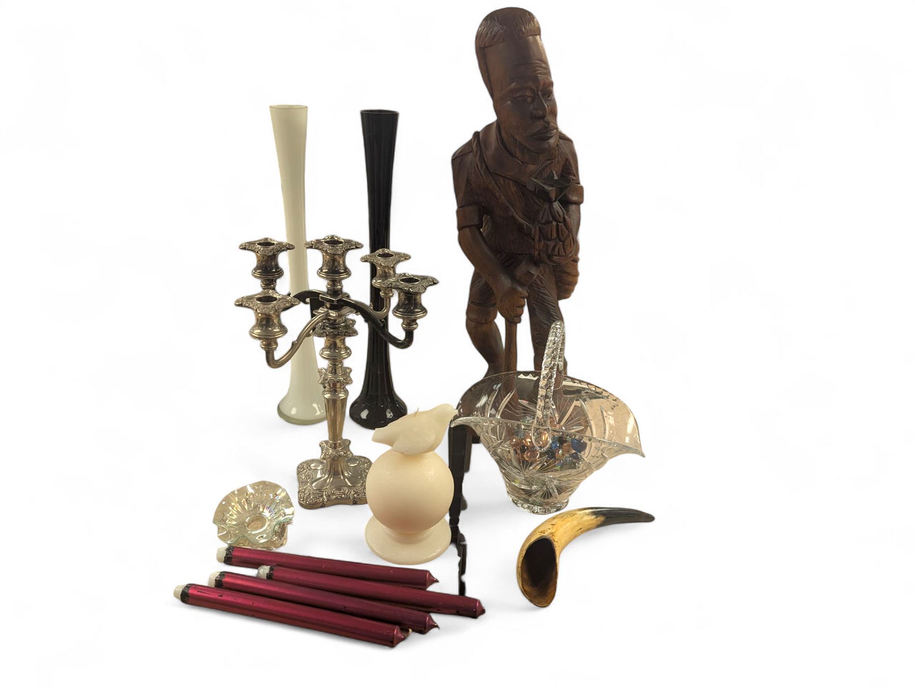 Carved wooden figure of a man holding a pineapple, together with a silver plated candelabrum, cut glass basket, etc, figure H64cm