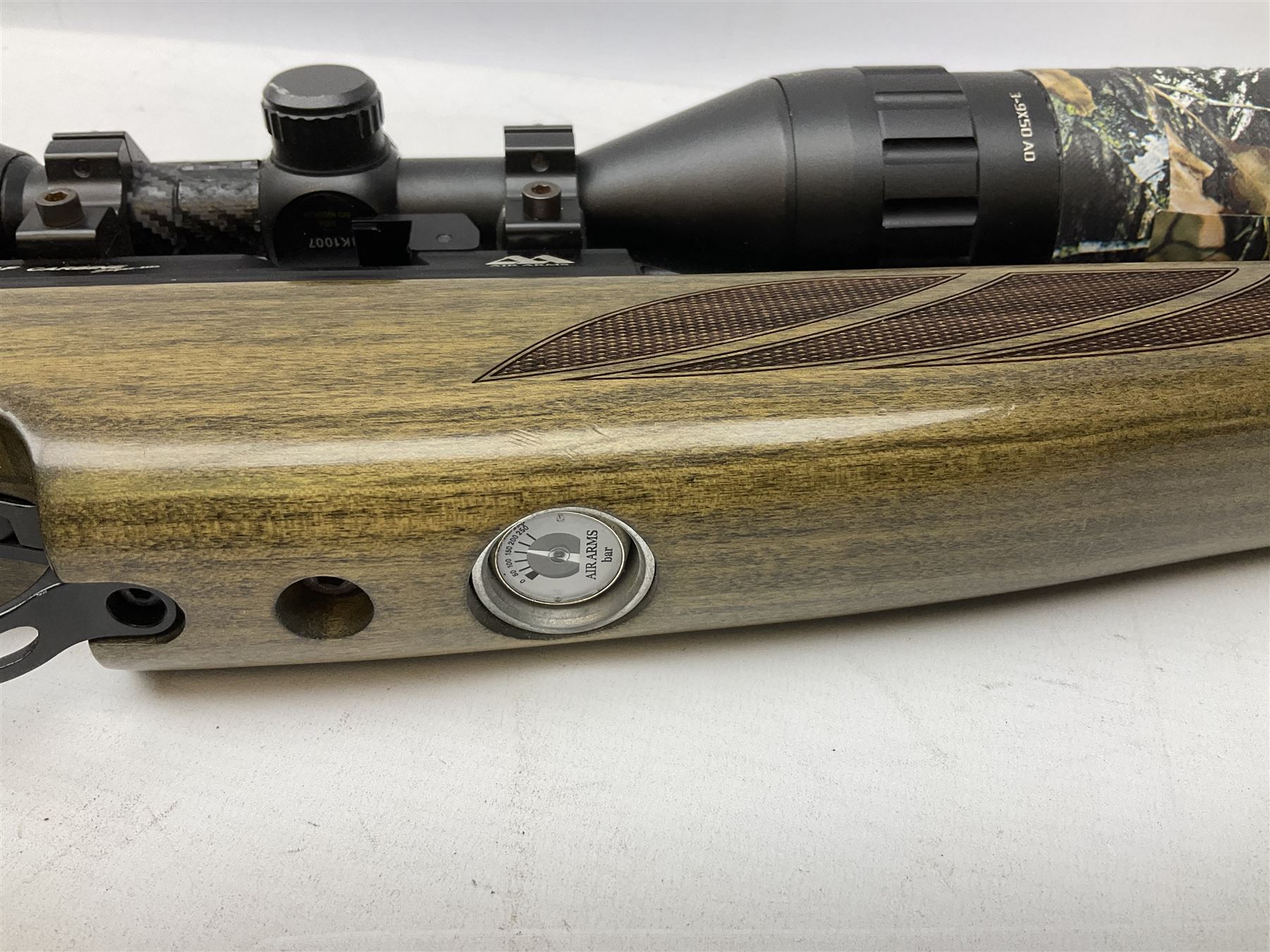 Air Arms S400F Carbine bolt-action .22 multishot air rifle, pump-up action, adjustable trigger, fitted with sound moderator and Nikko Stirling Mountmaster 3-9 x 50 telescopic sight, complete with stirrup type pump, pressure gauge etc, serial no.135456, L106cm; in gun sling