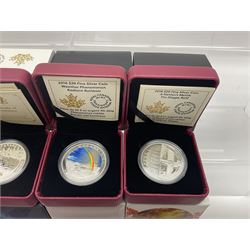 Eleven Royal Canadian Mint fine silver twenty dollar coins, including 2016 'A Royal Tour', 2017 'A Platinum Celebration', 2018 'A Nation's Mettle The Dieppe Raid', 2019 'Give Peace A Chance 50th Anniversary' etc, all cased with certificates