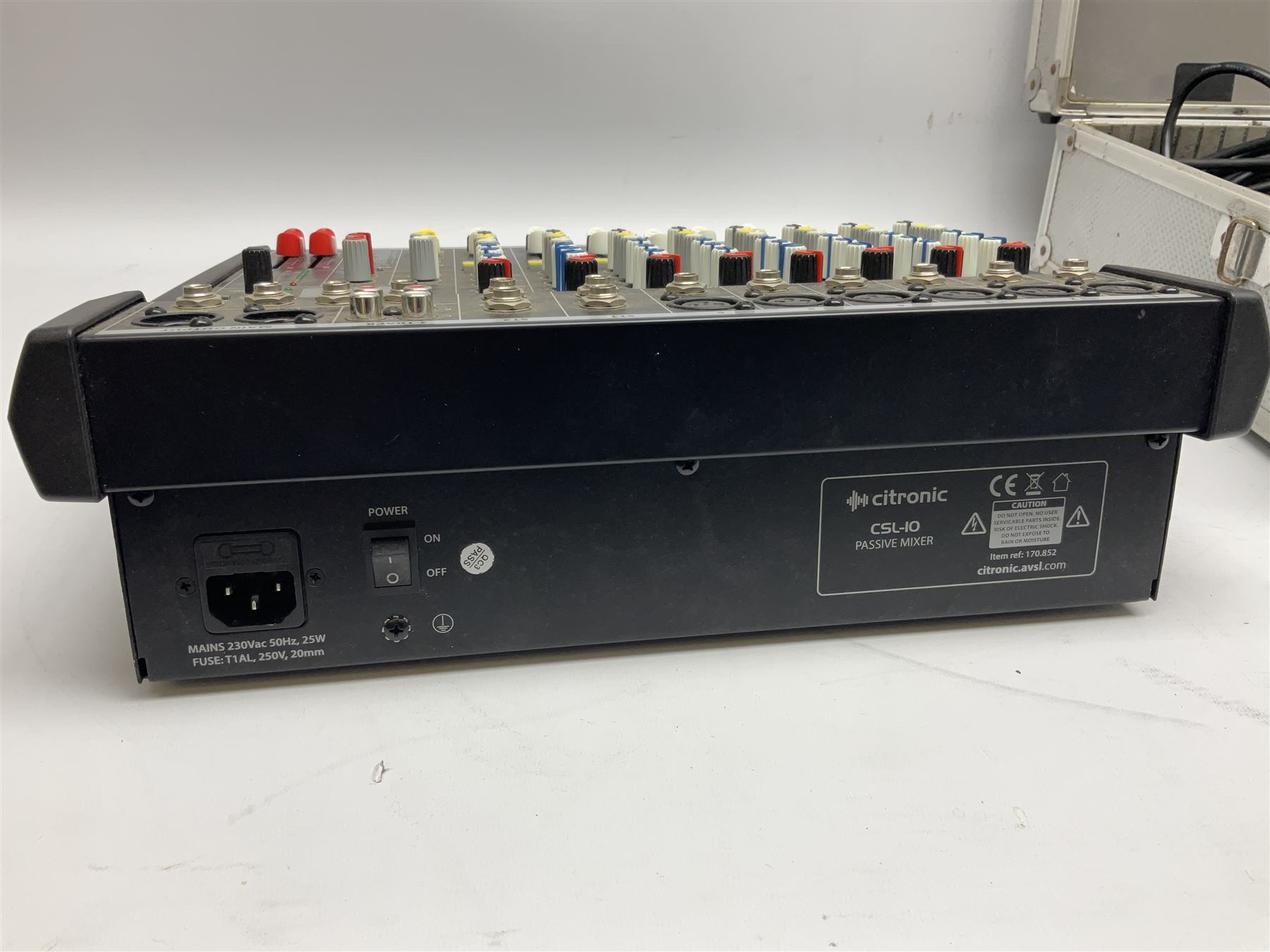 Meridian stage pro AS802ADC mixer, housed in a hard case, Xenyx X1222USB mixer and a Citronic CSL-10 mixing console, boxed (3)