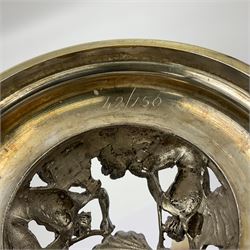 Modern limited edition silver mounted nautilus shell cup, no. 42/150, the pearlescent shell cup with silver-gilt strapwork to rim, upon a stem modelled as a putto supporting a gilt cornucopia and circular domed foot depicting Poseidon amongst swirling waves, hallmarked by St James House Company, London 1980,  H17.5cm