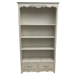 French style cream painted open bookcase with two drawers