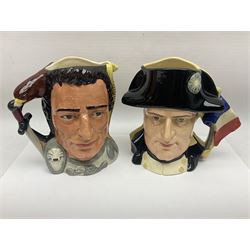 Royal Doulton two character jugs from the Star Crossed Lovers Collection, Antony & Cleopatra D6728 and Napoleon & Josephine D6750, together with two Royal Doulton Figures Micawber and Sairey Gamp