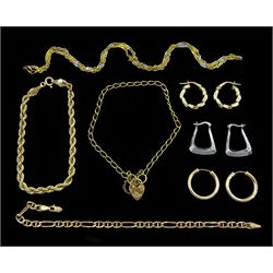 9ct gold jewellery including pair of three pairs of hoop earrings, three bracelets and a necklace