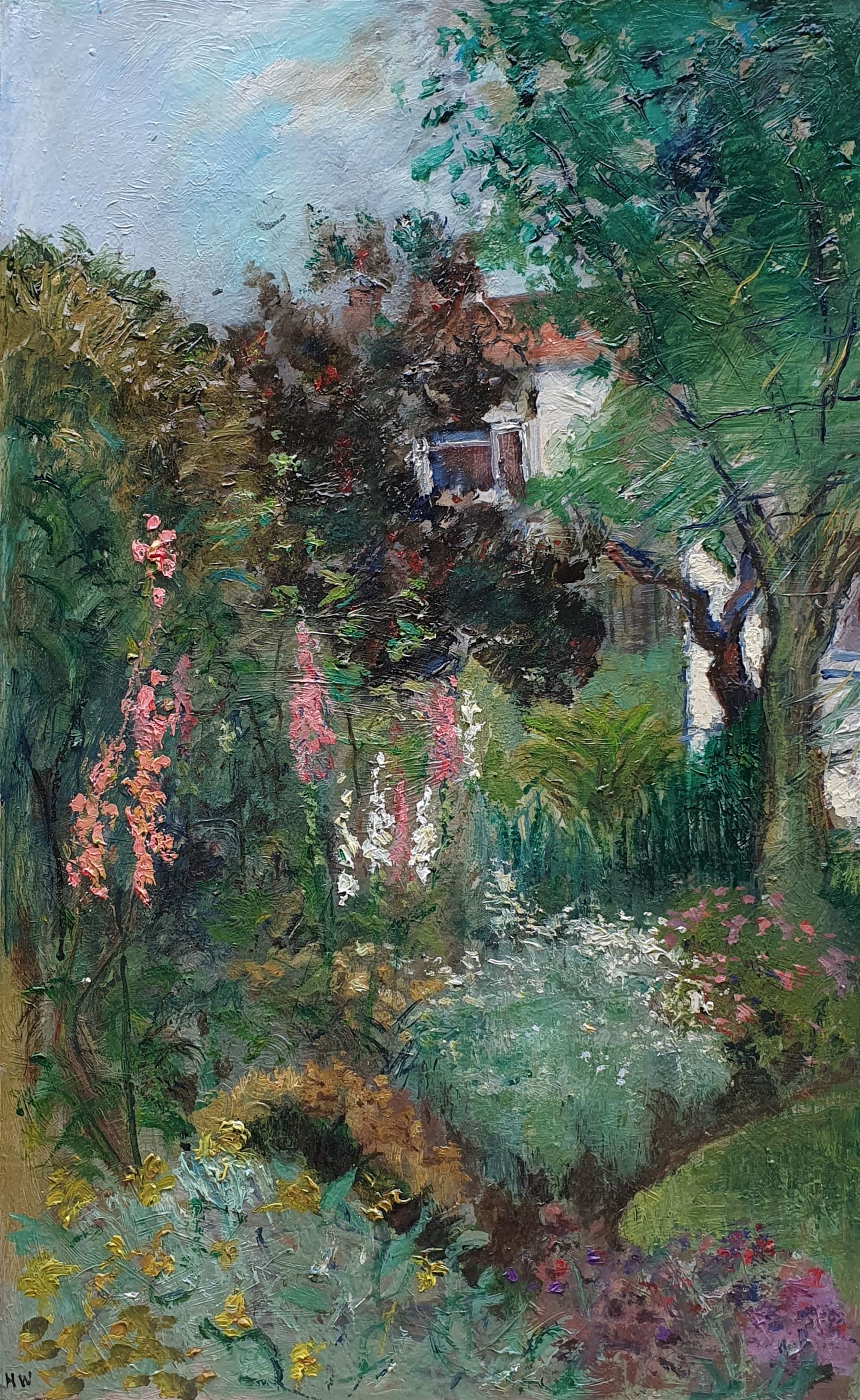 H W (British mid 20th century): Cottage Garden, oil on canvas signed with initials 56cm x 35cm