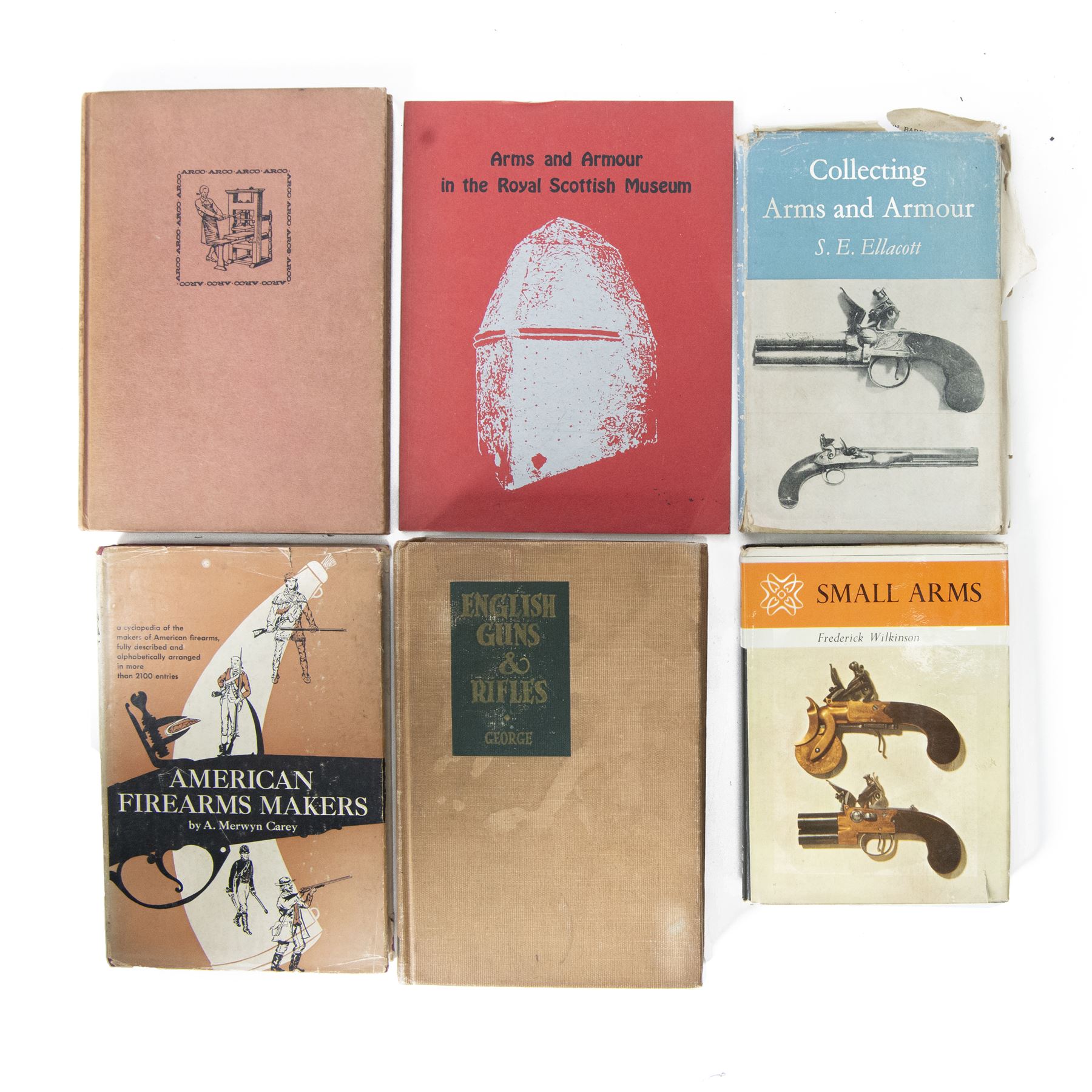 Six reference books on antique guns, including Collecting Arms and Armour, American Firearms Makers, Famous Guns for Famous Collections etc  