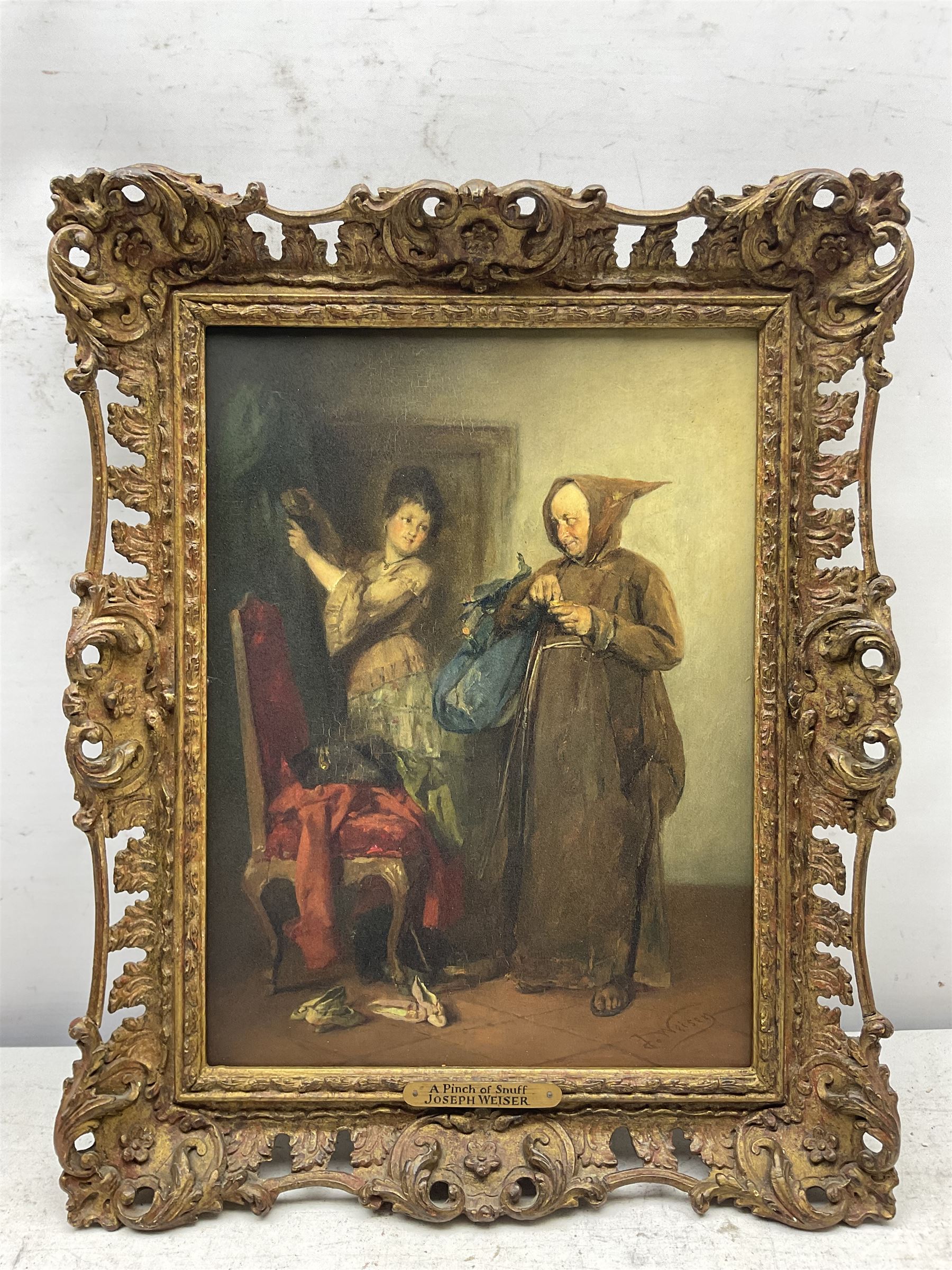 Joseph Emanuel Weiser (German 1847-1911): 'A Pretty Slipper' and 'A Pinch of Snuffe', pair oils on panel signed, titled on plaques 30cm x 23cm (2) 
Provenance: with M Newman Fine Art, London and J & W Vokins, London, labels verso