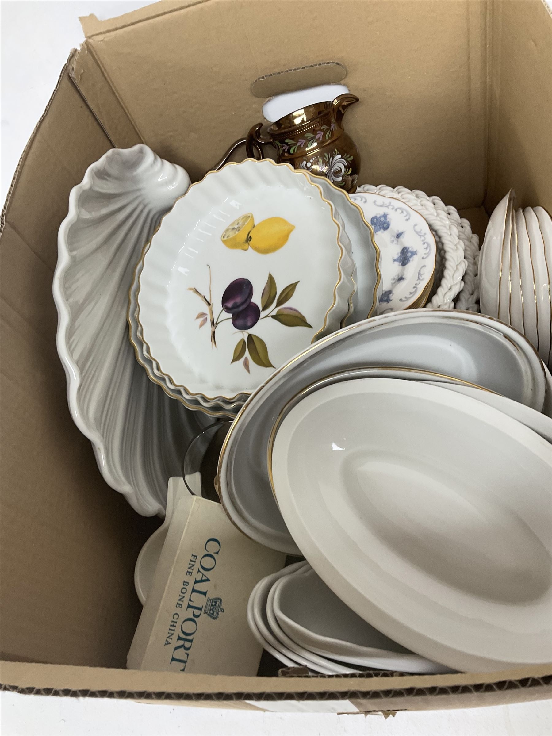 Royal Osborne part tea service comprising six cups, saucers and dessert plates, together with Churchill Alchemy dishes, three copper lustre jugs, Royal Worcester Evesham pattern dinner wares and other ceramics, in two boxes  