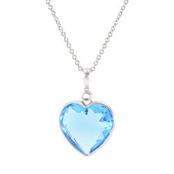 18ct white gold single stone heart cut Swiss blue topaz pendant necklace, stamped 750, top...