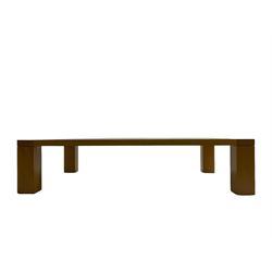 Large pippy oak rectangular coffee table, square block leg, retailed by Chapmans of Newcastle