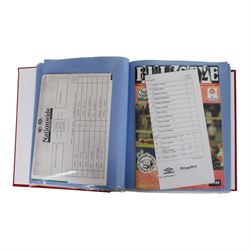 Comprehensive collection of approximately two hundred and twenty Scarborough FC football programmes for the 1999/00, 2000/01, 2001/02 and 2002/03 seasons, all filed within eight dedicated Scarborough FC red Home and Away binders