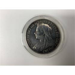 Queen Victoria 1897 crown coin, three King George V half crowns, King George VI 1937 crown, Queen Elizabeth II 1977 silver proof crown cased with certificate and other coinage 