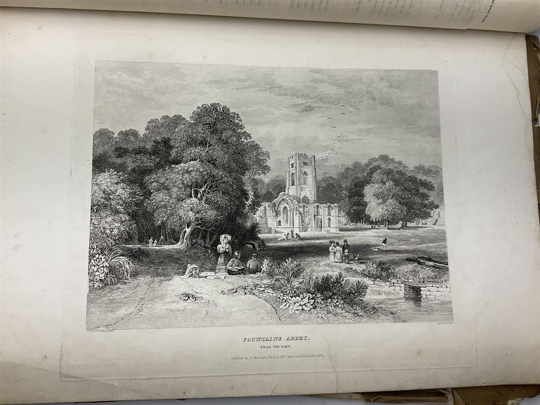 George Cuitt Jnr (British 1779-1854): 'Select parts of Kirkstall Abbey', complete set six etchings signed titled and dated 1823 in the plate, oblong folio; J Metcalf and J Carmichael (British 18th/19th century): 'Fountains Abbey Intended To Illustrate The Architecture And Pictureseque Scenery Of That Celebrated Ruin', seven etchings (one missing) pub. 1832 with Historical and Architectural Description by T Sopwith, oblong folio; Augostino Aglio (Italian 1777-1857): 'Sketches of the Interior & Temporary Decorations in Woolley-Hall Yorkshire', complete set 22 lithographs dated 1821, pub. by the artist, oblong folio max 54cm x 37cm (3)