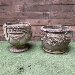 Pair of cast stone planters decorated in grapes