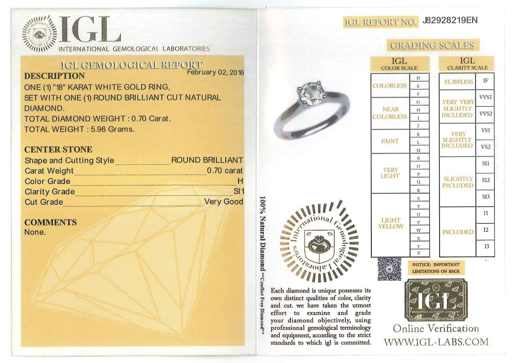 18ct white gold single stone round brilliant cut diamond ring, stamped 750, diamond 0.70 carat, with International Gemological Laboratories report