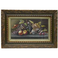 English School (Early 20th century): Still Life of Fruit and Dead Game, oil on board unsigned 29cm x 54cm