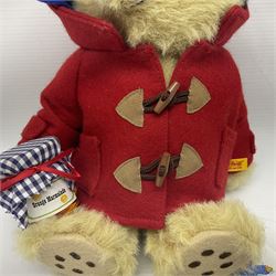 Steiff - Modern Paddington Bear circa 2007 with blue hat, red jacket and jar of marmalade, H29cm; with card label and button with tag in left ear 