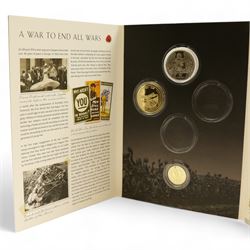 The London Mint Office 'A War To End All Wars', part coin set including Queen Elizabeth II Gibraltar 2017 9 carat gold 10 grams double crown coin etc, in card folder