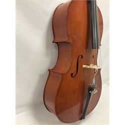 Gear 4 Music full size cello with a maple back and ribs and spruce top, ebony fittings and fingerboard, with two bows in hard case Length 123cm