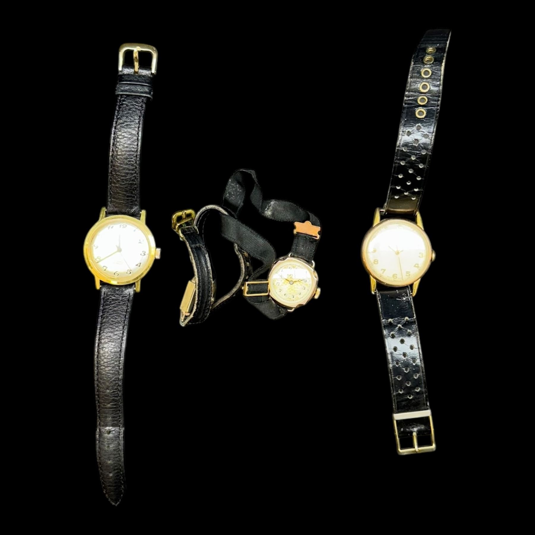 Three 9ct gold cased wristwatches, including ladies Avia watch on leather strap, Helvetia gentlemans wristwatch on leather strap, ladies wristwatch on canvas strap, together with a gold plated Perona automatic wristwatch on leather strap