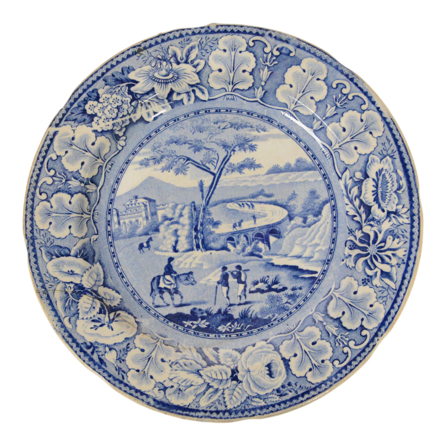 Collection of ten blue and white transfer plates, including two in Italian pattern with floral boarder, together with Willow pattern 