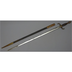  19th century French rapier with 79cm steel blade, brass hilt with single ring, curving quillons, facetted bulbous pommel and wooden grip, in brass and leather scabbard   